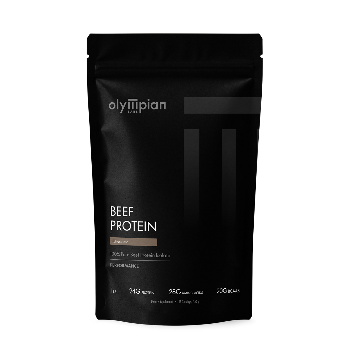 Black package of Olympian Labs Beef Protein on a white background