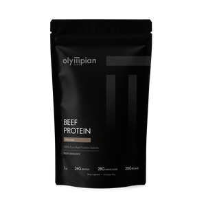 Black package of Olympian Labs Beef Protein on a white background