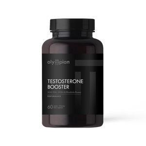 Testosterone booster supplement bottle with 'Olympian' branding on a white background