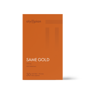 Orange supplement package with 'olympian' branding on a white background