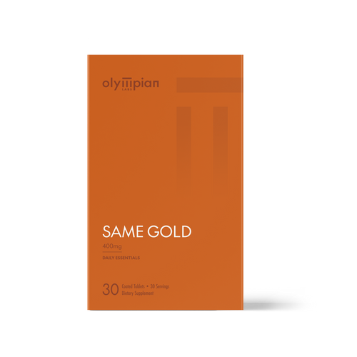 Orange supplement package with 'olympian' branding on a white background