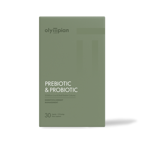 Olympian Labs prebiotic and probiotic package on a white background