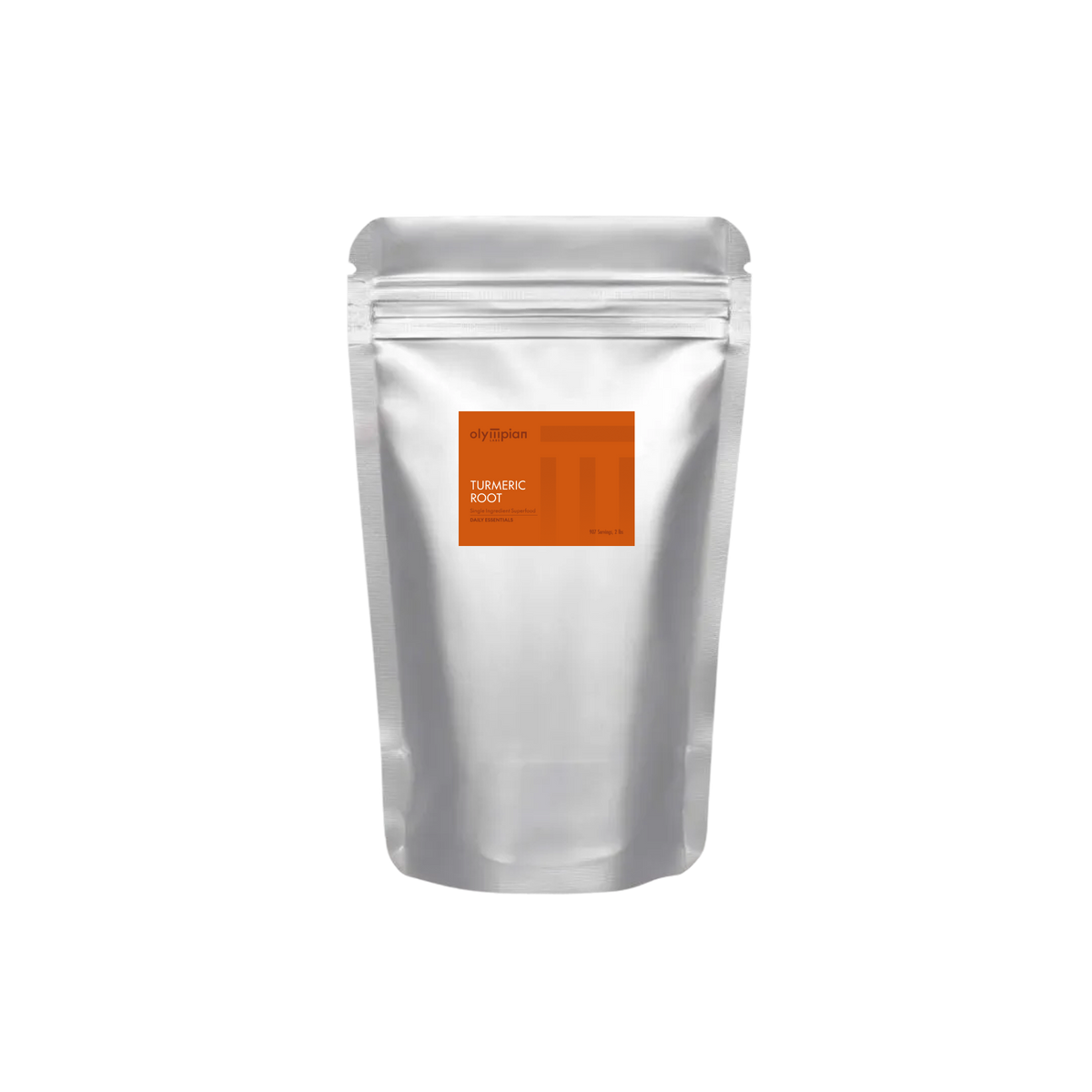 Silver foil packaging with an orange label on a white background