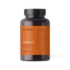 Omega-3 supplement bottle with orange label on a white background