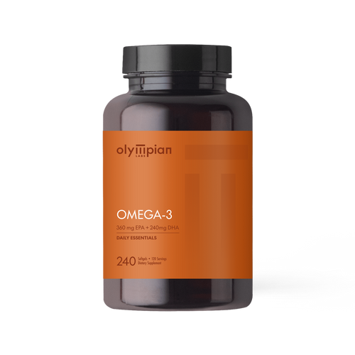 Omega-3 supplement bottle with orange label on a white background