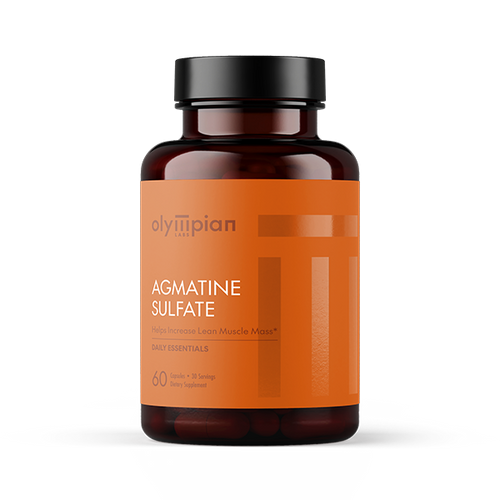 Supplement bottle labeled 'Agmatine Sulfate' with an orange label on a white background