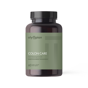 Supplement bottle labeled 'Colon Care' by Olympian on a white background