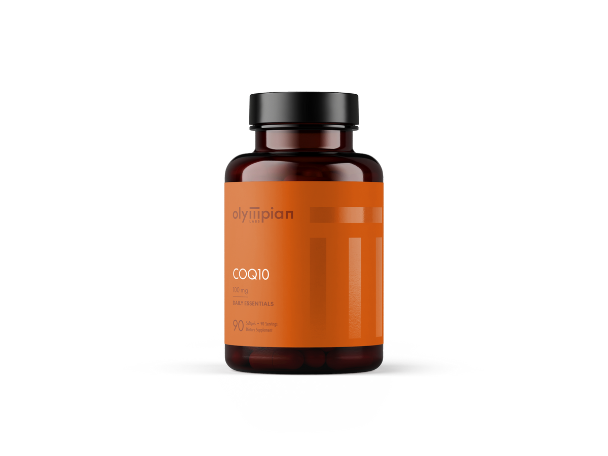 Supplement bottle labeled 'coq10' by Olympian on a white background