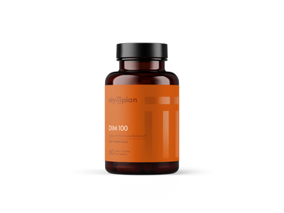 Supplement bottle labeled 'Dim 100' by Olympian on a white background