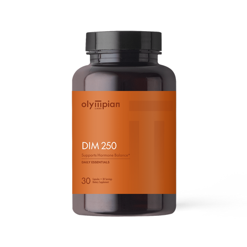 Supplement bottle labeled 'DIM 250' by Olympian on an orange background