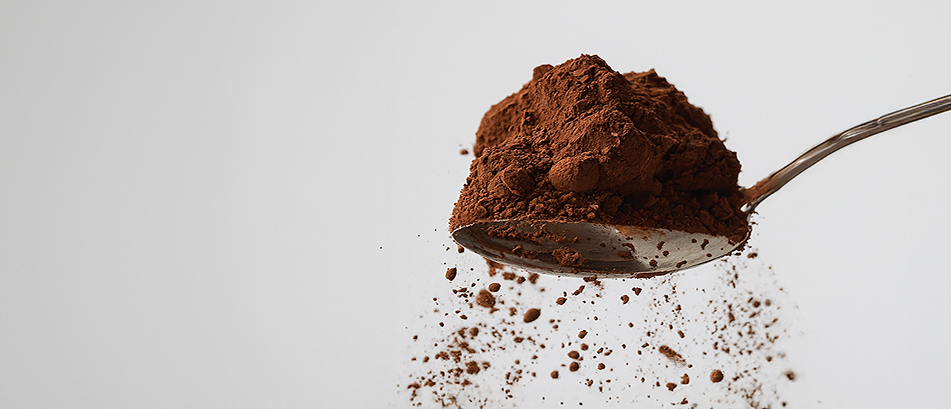 Spoonful of cocoa powder on a white background