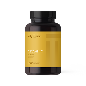 Vitamin C supplement bottle with yellow label on a white background
